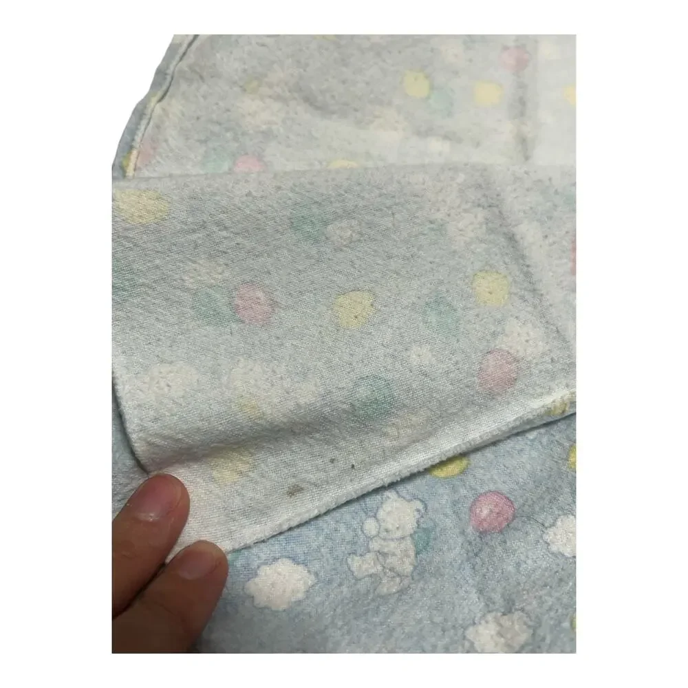 Vintage JCPenney Baby Receiving Blanket Bear Ballloons Cloud Blue Flannel Cotton